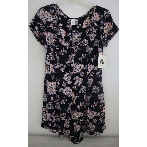 Billabong J201EFES Women's Sz S Black Floral Short Sleeve Button Front Romper - Picture 1 of 13